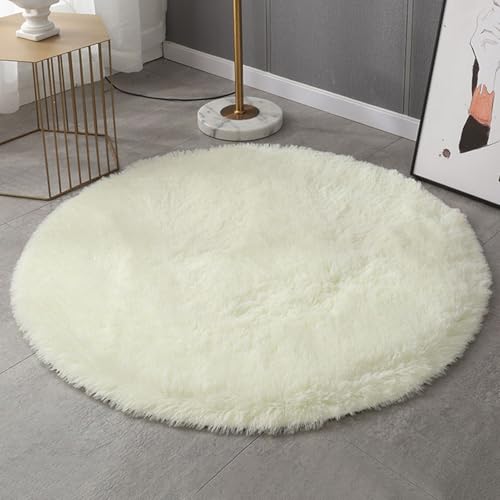 BESTORI Alfombra Redonda Suave Esponjosa, Antideslizante Peluda Largo Alfombras, Lavables Alfombra para Salon Dormitorio Interior sofá Silla cojín, Blanco, 40x40cm