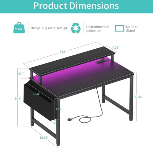 Image of Lufeiya Small Desk with Power Outlets and LED Lights, 32 Inch Teen Writing Study Table Home Office Computer Desks with Monitor Stand, Gaming Desk with Charging Station, Black