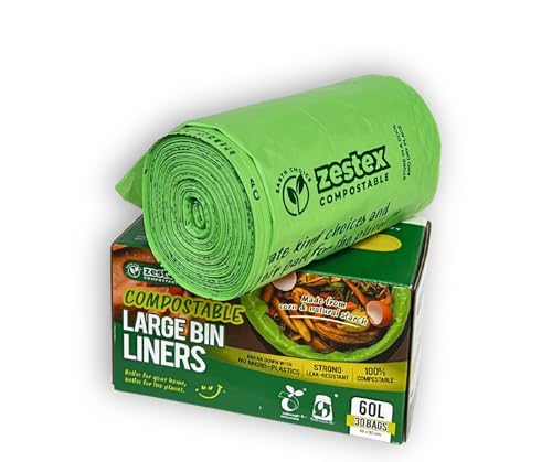 zestex Compostable Large Bin Liners, 60L, Extra Strong Food Waste Bags, Fits Large Home & Garden Bins, Certified Home & Commercial Compostable Bin Bags, Plant-Based Eco Garbage Bags (60L, 30 Count)