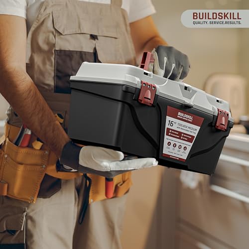 Image of BUILDSKILL 16 inch Medium Tool Box for Home | Convenient Top Lids & Removable Tool Tray | Secure Latch Lock | Key Hole | Heavy Duty Impact Resistant Body | Ideal Repair Toolbox for DIY & Professional Use