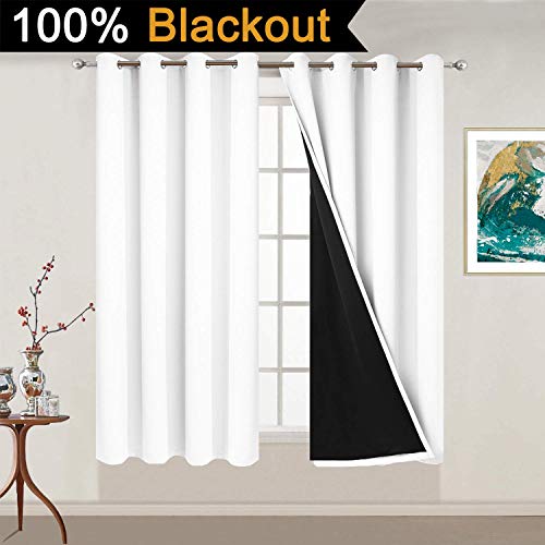 Image of Yakamok Pure White 100% Blackout Curtains 54 Inches Long 52 inch Wide 2 Panel | Blackout Curtain Panels for Bedroom, 2 Thick Layers Grommet Top Thermal Insulated Drapes with Black Liner for Living Room