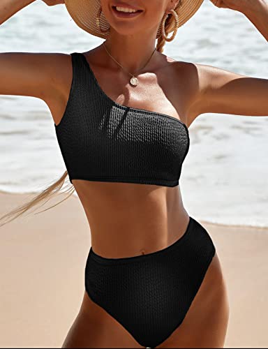 Pfreesea Women One Shoulder Bikini Set High Waisted Tummy Control Full Coverage Swimsuit Ribbed 2 Piece Bathing Suit Black thumb #3