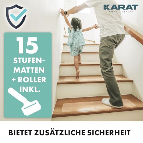 KARAT Stufenmatten transparent für Treppen -15 Stück - 60 x 10 cm, Antirutschstreifen selbstklebend inkl. Montageroller - Treppenstufen Matten für Holztreppen, Anti Rutsch Streifen Treppe (Henri)