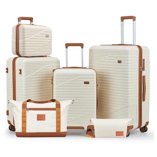 Image of NEISIA Luggage Sets,PC+ABS Hard Shell Carry on Suitcase with Spinner Wheels and TSA Lock, Travel Lightweight Luggage Set with Spinner Wheels (Beige, 6 piece sets (14 /20 /24 /28 /DB /TB)
