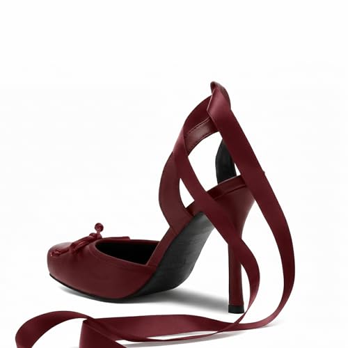 Image of Riekhany Satin Ballet Heels for Women Closed Square Toe Bow Ballerina Heels Lace Up High Heel Slingback Pumps Strappy Stiletto Mary Janes Elegant Party Shoes