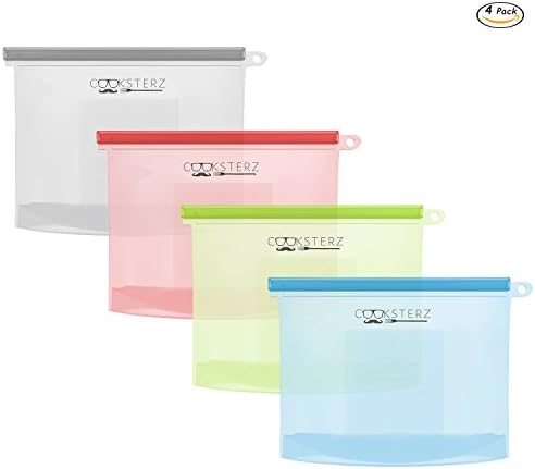 Reusable Silicone Food Preservation Bags, Food Savers, FDA & SGS Food Grade Silicone For Hot Cooking, Freezing, Snack Packing & Sous Vide Cooking. Airtight & Leak-Proof. 4 PCS, 4 Colors (Large Size)