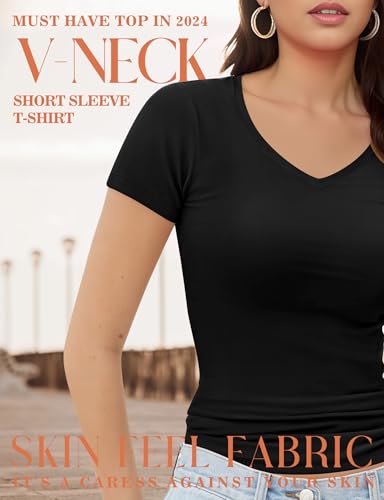 Basic Womens V Neck Short Sleeve T Shirt Slim Fit Tees 2025 Summer Y2k Going Out Fitted Tops Sexy Tight Shirts3
