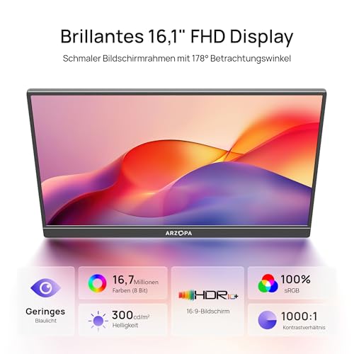 ARZOPA 16.1" Portable Monitor, 1920×1080 FHD IPS Tragbarer Monitor für Laptop mit Einzelstange, Unterstützt HDMI/Typ-C/USB-C, Augenschutz-Gaming-Bildschirm für Laptop/PC/Mac/PS3/4/5/Xbox 6