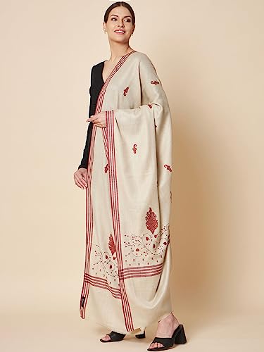 Image of Pashtush Womens Woollen Shawl, Kashmiri Embroidery Design Design, Taupe