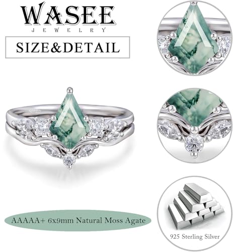 Natural Moss Agate Ring Set 925 Sterling Silver Kite Cut Green Pear Moss Agate Engagement Ring Wedding Promise Ring Jewelry Gift for Women,Ring Size 74