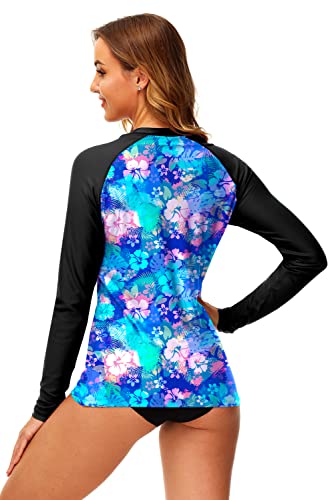 Deerose Womens Long Sleeve Rash Guard Shirts Tropical Surf Beach Uv Protection Rashguard Swimwear L Blue Floral #TOP6
