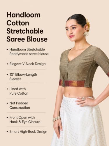 Image of Studio Shringaar Women's Handloom Cotton Stretchable (Smocked) Saree Blouse with Temple Zari Border