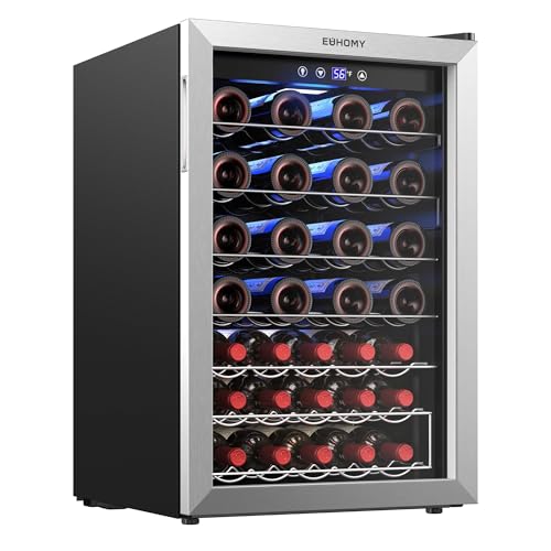 EUHOMY 45 Bottle Wine Cooler Refrigerator, Wine Fridge with Stainless Steel Glass Door for Red, White and Champagne, Mini Fridge with Adjust Temperature for Home Kitchen Bar 4.5 Cu.Ft, Silver