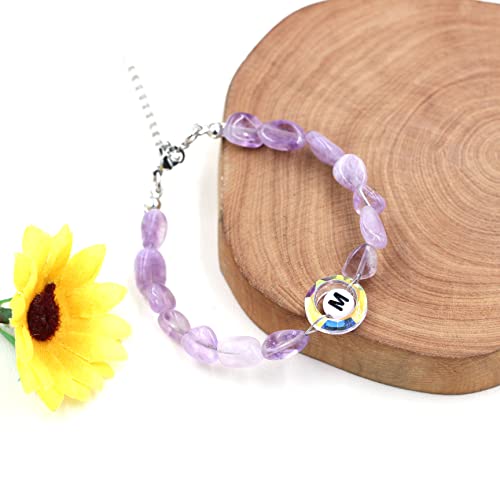 Image of Uloveido Purple Natural Stone and Austrian Crystal Letter Bracelet, Personalized Initial Jewelry for Women A-Z 26 Letters