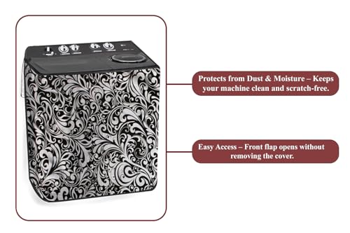 Image of The Furnishing Tree PVC Waterproof Semi Automatic Washing Machine Cover Compatible for LG 7 Kg, 7.5 Kg & 8 Kg, DxWxH In Cms: ( 51x83.8x96.5 ), Floral pattern Black