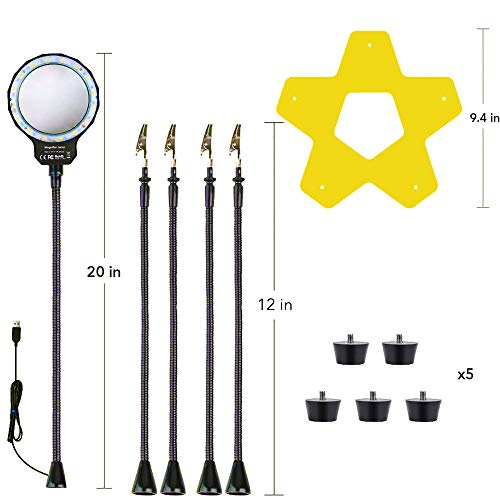 KOTTO LED Lighted Magnifying Third Hand Soldering PCB Holder Tool Five Arms Helping Hands Crafts Jewelry Hobby Workshop Helping Station Non-slip weighted base, LED Lamp