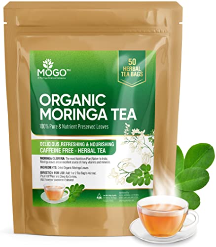 Mogo Organic Moringa Tea Bags - 50 Count,100% Pure,Premium Moringa Tea Leaves, Great Tasting Antioxidants Rich Herbal Tea #TOP4