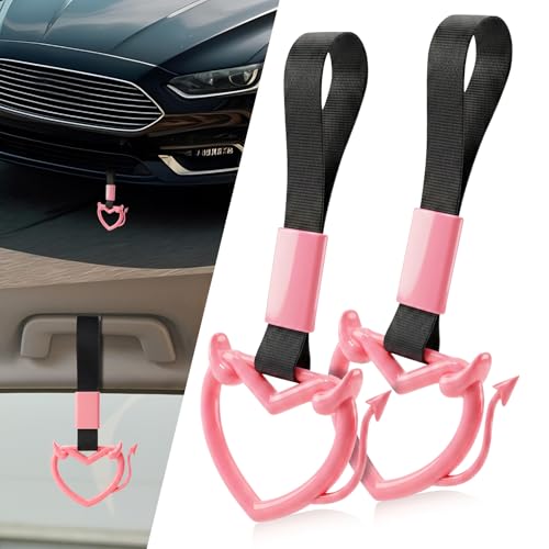Image of 2 Pcs Devil Heart Shaped Car Handle Strap - JD M Drift Charm Rear Bumper Warning Ring Decor for Car Interior Exterior, Subway Bus Handle Accessory, Cute Heart Car Decor Gift (Pink-Tail)