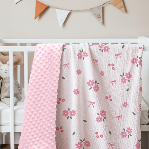 Image of SANDJEST Pink Floral Minky Muslin & Dotted Blanket 30x40 in Gift for Holiday, Gender Reveal Party, Hospital Visit, Baptism
