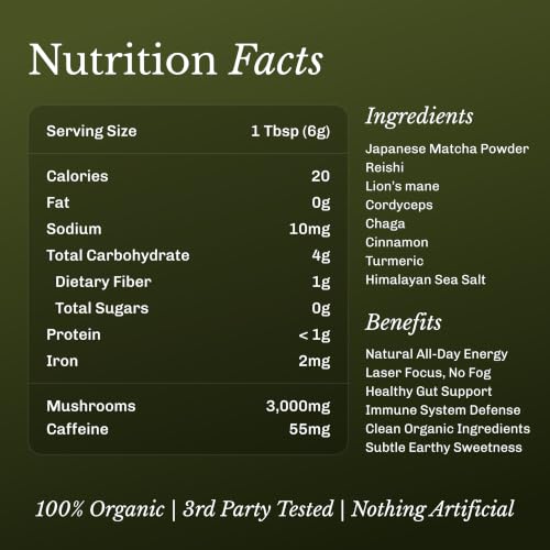 Image of MUDWTR Mushroom Matcha Powder | 3,000mg of Adaptogenic Mushrooms | Japanese Matcha Powder Blend | USDA Organic | Energy, Focus & Immunity Support | Lion's Mane, Chaga, Reishi, Cordyceps | 30 Servings