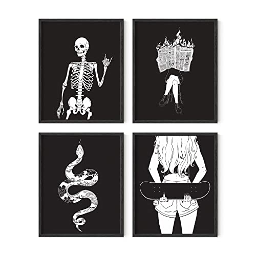 HAUS AND HUES Juego de 4 impresiones artísticas en blanco y negro, arte de pared de Halloween en blanco y negro para adolescentes, decoración gótica de dormitorio, pósteres góticos estéticos para