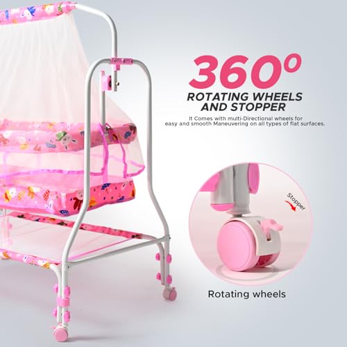 Image of BUBBLEBABY Baby Cradle | Jhula | Baggi | Palna | Ghodiyu | Ventilated | with Swing & Mosquito Net | 0-12 Months | Four Wheels with Brake | Storage | Polypropylene | Safe & Sturdy | Foldable | Pink