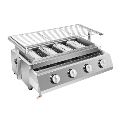 Edelstahl Brenner 4-Flammen Gasgrill GasbräTer Gas Grill Gastro Tischgrill Edelstahl-Gasgrill Mit 4 Brennern, mit Stahlhaube Und Grillrost, Silberfarben, 57 * 39 * 17.5cm Edelstahl Brenner 4-Flammen Gasgrill GasbräTer Gas Grill Gastro Tischgrill Edelstahl-Gasgrill Mit 4 Brennern, mit Stahlhaube Und Grillrost, Silberfarben, 57 * 39 * 17.5cm