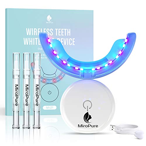 Teeth Whitening Kit, MiroPure Rechargeable Cordless 32 Blue-Red LED Accelerator Lights for Sensitive Teeth, Teeth Trays for Home Whitening, 3 Whitening Gels with 35% Carbamide Peroxide