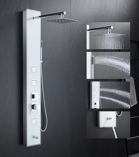 MENATT White Tempered Glass Shower Panel Tower System, 304 Stainless Steel Shower Panel with 8-inch Rainfall Shower Head, Wall Mounted Shower Column with 14.5 inch Shower Arm - Thumbnail 4