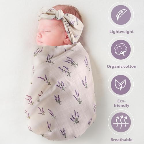 Image of LifeTree Muslin Swaddle Blankets, Muslin Baby Boy Swaddle Blanket, Headband and Hat Set with Birth Announcement Card, Newborn Unisex Receiving Organic Cotton Blankets, Lavender Pattern