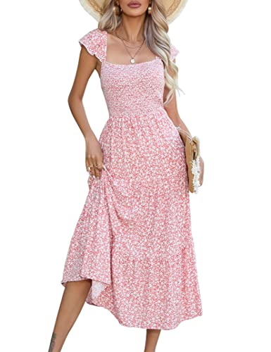 KOJOOIN Damen Sommerkleid Lange Midikleid Gesmoktes Kleid Volant Kleid...
