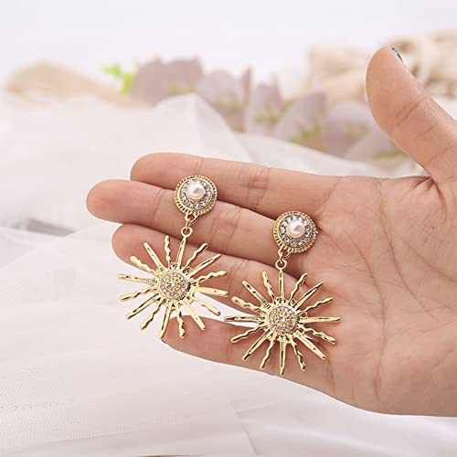Geometric Pearl Dangle Earrings Sparkly Gold Sun Exaggerated Drop Statement Earrings Rhinestone Women Punk Earrings For Girls Vintage Earrings #TOP5