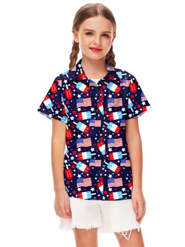 Image of Remimi Unisex Kids 4th of July Button Up Shirt Boys American Flag Print Hawaiian Beach Short Sleeve Tops 5-14 Years