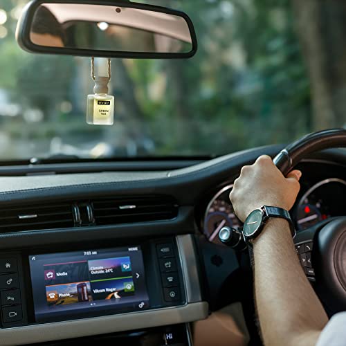 Image of Evair Green Tea Car Air Freshener | Hanging Car Perfume | Premium Car Fresheners | Car Aroma with Essential Oils| Hanging Perfume for Car in Glass Bottle with Wooden Diffuser Lid (10ml, Pack of 1)