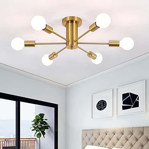 Ljhhowe Semi Flush Mount Ceiling Lamp Gold 6 Lights Brushed Brass Mid Century Sputnik Chandeliers Ceiling Light Fixture Modern Chandelier For Dining Room, Foyer, Kitchen, Bedroom, Living Room #TOP6