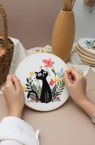 Image of Konrisa 3pcs Embroidery Kits for Beginners Creative Black Cat and Flower Pattern Cross Stitch Practice Kit DIY Sewing Needlepoint, Include 1pcs Hoop