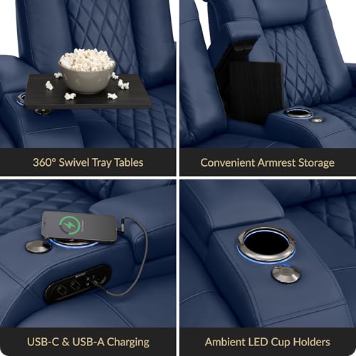 Image of Seatcraft Diamante Navy Blue Italian Leather Home Theater Seating, Zero Gravity Power Recliner, Gaming and Home Office Chair, Powered Headrest Furniture for Cinema Room, Row of 2 Loveseats