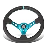 NRG Innovations NRG-RST-006TL 強化ハンドル 350mm スポーツハンドル(深さ3インチ)、ブラックレザーティールセンターマーク、ティールステッチとティールセンタースポーク。