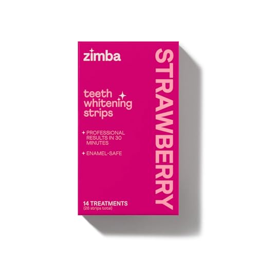 Zimba Strawberry Flavored Teeth Whitening Strips | Vegan Enamel Safe Hydrogen Peroxide Teeth Whitener for Coffee Wine Tobacco and Other Stains | 14 Day Treatment | Strawberry