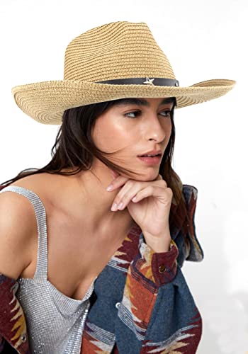 Sombrero de paja para mujer con ala ancha estilo vaquero miniatura 2