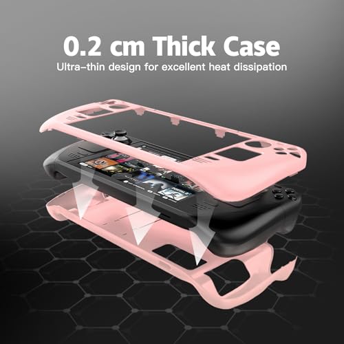 Image of bibuks Steam Deck Case,Steam Deck OLED Protective Case,Non-Slip Skin Protective Shell Accessories with Kickstand ,2 Screen Protector, 4 Thumb Grip (Pink)