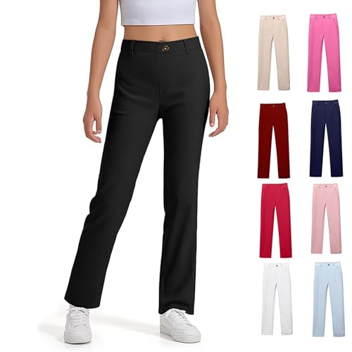 Girls School Uniform Pants Kids High Stretchy Flare Dress Pants Elastic Waist Pant Capris Size 5-15 Years4