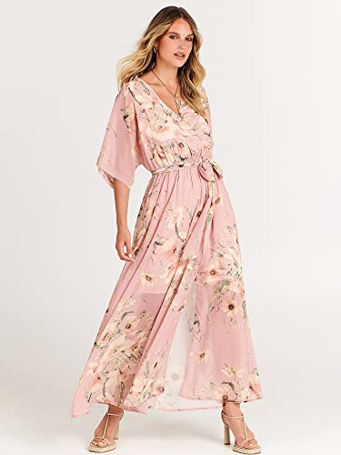 Image of ANRABESS Womens 1 /2 Sleeve Beach Wedding Guest Maxi Dresses 2026 Summer Wrap V Neck Boho Floral Flowy Slit Long Dresses