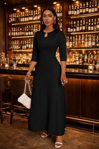 Image of FANDEE Women's Maxi Dress Casual Boho Plain Long Dresses 3 /4 Sleeve with Pockets