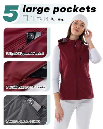 Outdoor Ventures Damen Softshell Westen mit Kapuze Leichte Fleece Gefütterte Ärmellose Jacke Wasserdichte Winddichte Weste Vest mit Zip up-Taschen Dunkelrot S