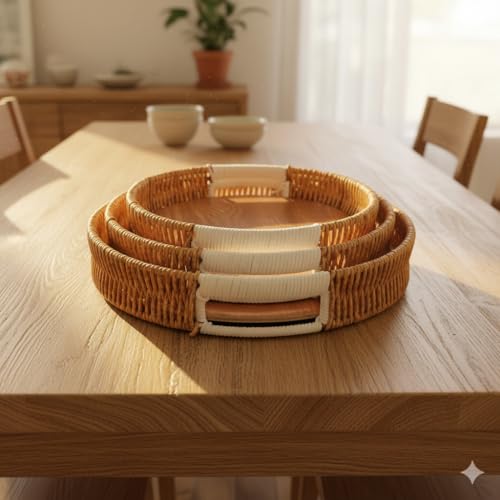 Image of Elegant and Versatile Set of 3 Decorative Serving Trays for Kitchen, Dining, Coffee Table, and Home Dcor in Round Shape with Natural Wooden Clour