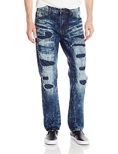 Southpole Men's Washed Denim Pants Long Slim Straight Fit Jeans with Heavy Ripped