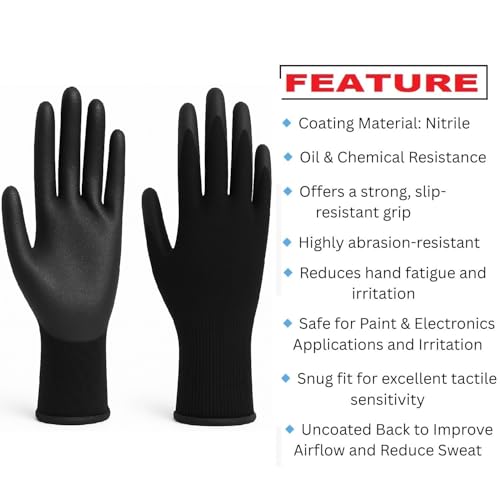 Image of Nylon Safety Work Gloves with Nitrile Coating - Industrial-Grade Protection for Cleaning, Warehouse, Mechanics, Construction - Durable, Flexible, Non-Slip Grip (Black, 25 Pair)