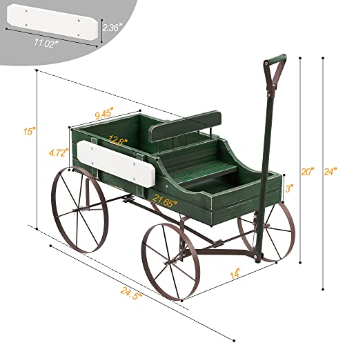 Dragosum Wooden Wagon Wheel Decor, Small Decorated Cart Garden Planter With Divider And Handle, Porch Decorations Indoor/Outdoor Planting Pots, Flower Box Wishing Wells Backyard Balcony Patio Green #TOP5