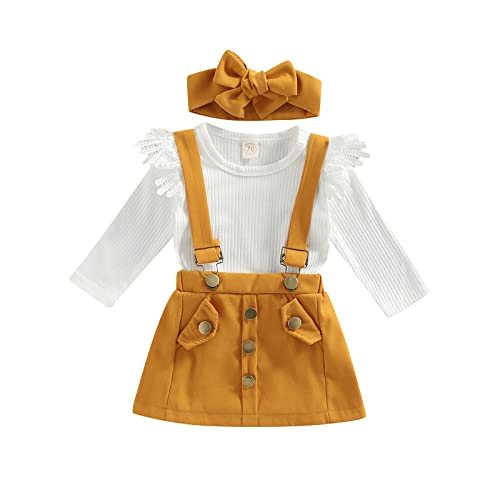 Image of Madjtlqy Infant Girls Summer 3Pcs Outfit Sets Ruffle Short Sleeve Ribbed Romper + Suspender Skirt + Headband
